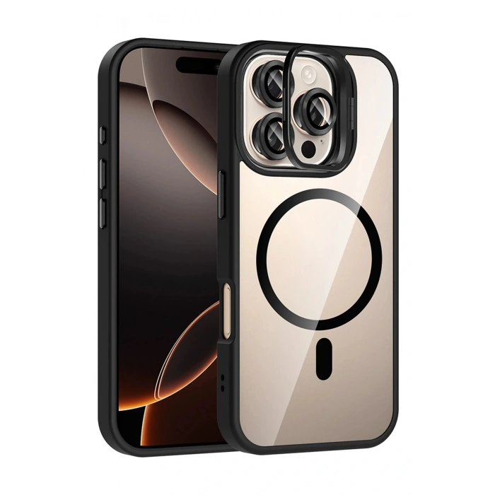 CPT05 Apple iPhone 16 Pro Max Remim Lensli Magsafe Standlı Kapak - Siyah