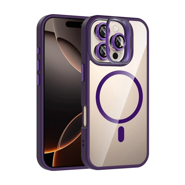 CPT05 Apple iPhone 16 Pro Remim Lensli Magsafe Standlı Kapak - Derin Mor