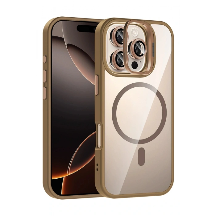 CPT05 Apple iPhone 16 Pro Remim Lensli Magsafe Standlı Kapak - Kahverengi