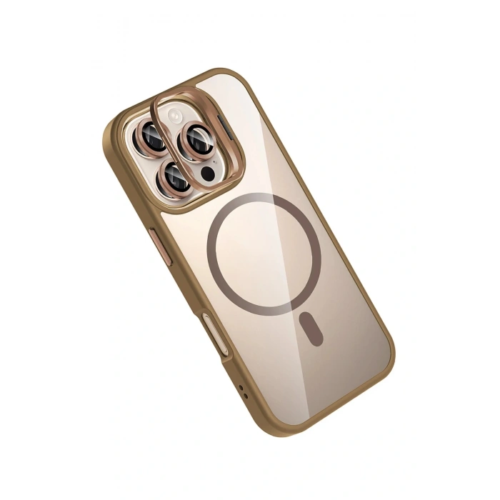 CPT05 Apple iPhone 16 Pro Remim Lensli Magsafe Standlı Kapak - Kahverengi