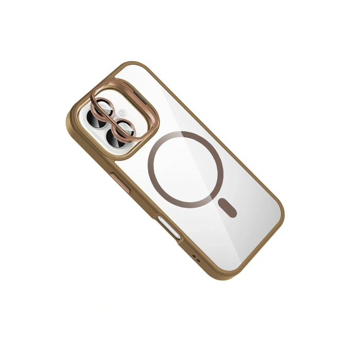 CPT05 Apple iPhone 16 Remim Lensli Magsafe Standlı Kapak - Kahverengi