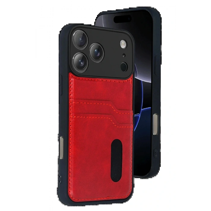 CPT05 Apple iPhone 17 Pro Max Sara Kartvizitli Deri Kılıf - Kırmızı