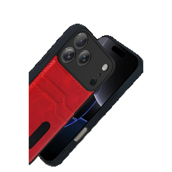 CPT05 Apple iPhone 17 Pro Max Sara Kartvizitli Deri Kılıf - Kırmızı