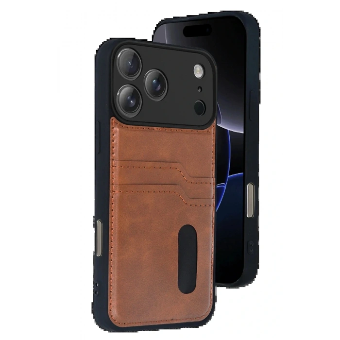 CPT05 Apple iPhone 17 Pro Max Sara Kartvizitli Deri Kılıf - Taba