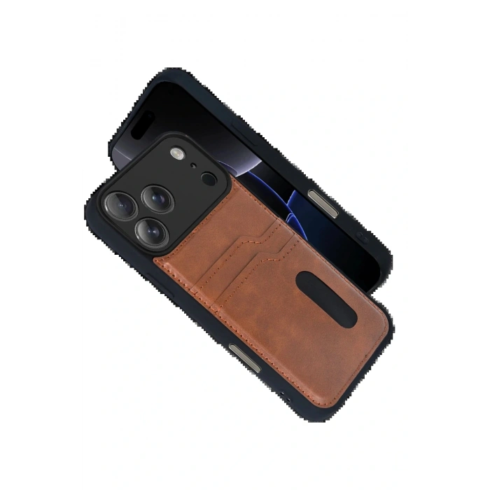 CPT05 Apple iPhone 17 Pro Max Sara Kartvizitli Deri Kılıf - Taba