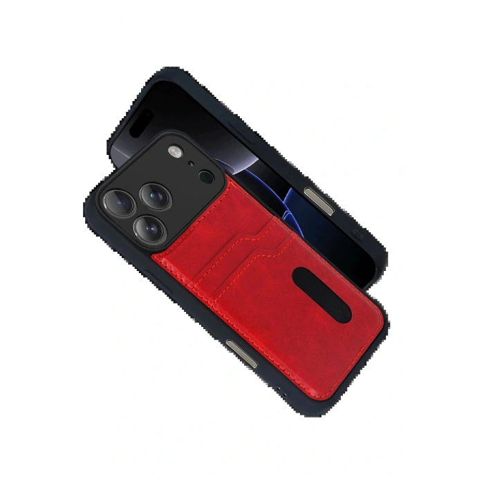 CPT05 Apple iPhone 17 Pro Sara Kartvizitli Deri Kılıf - Kırmızı