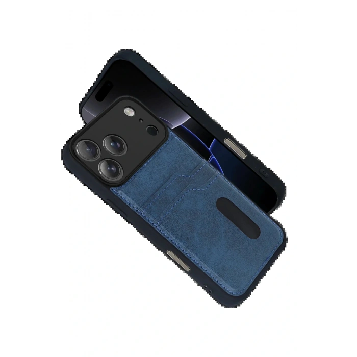 CPT05 Apple iPhone 17 Pro Sara Kartvizitli Deri Kılıf - Lacivert