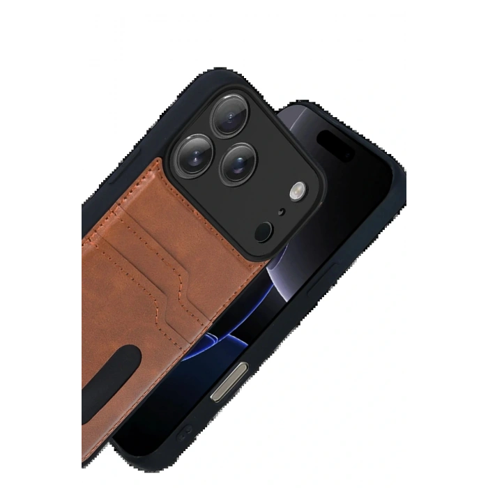 CPT05 Apple iPhone 17 Pro Sara Kartvizitli Deri Kılıf - Taba