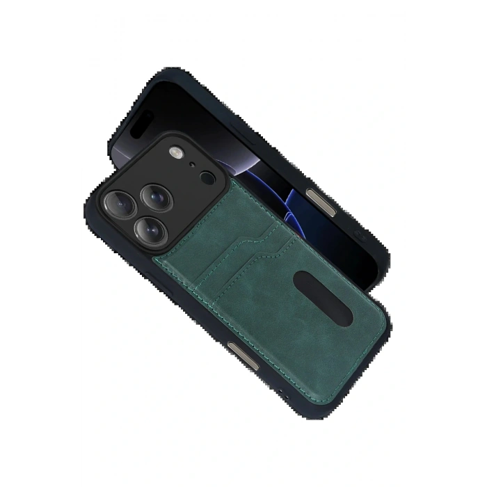 CPT05 Apple iPhone 17 Pro Sara Kartvizitli Deri Kılıf - Yeşil