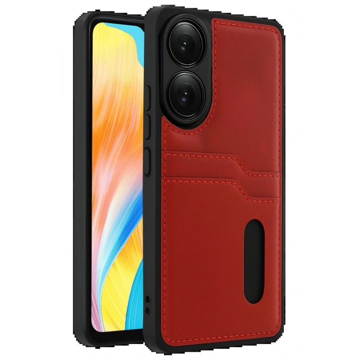 CPT05 Oppo A38 Sara Kartvizitli Deri Kılıf - Kırmızı