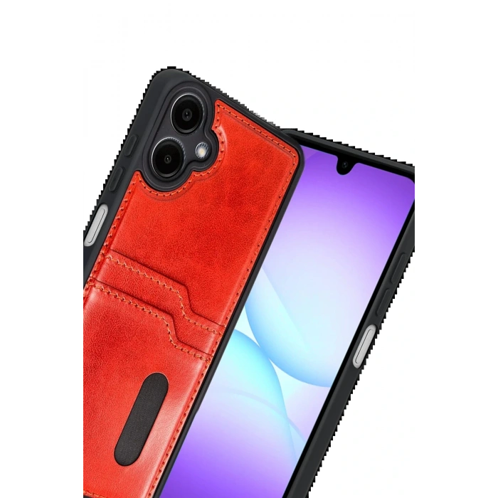 CPT05 Samsung Galaxy A07 4G Sara Kartvizitli Deri Kılıf - Kırmızı