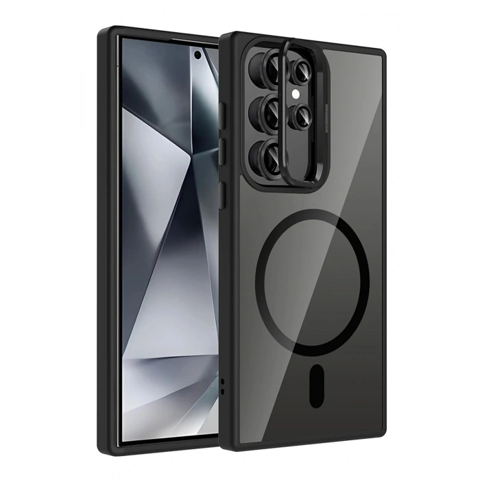 CPT05 Samsung Galaxy S23 Ultra Remim Lensli Magsafe Standlı Kapak - Siyah
