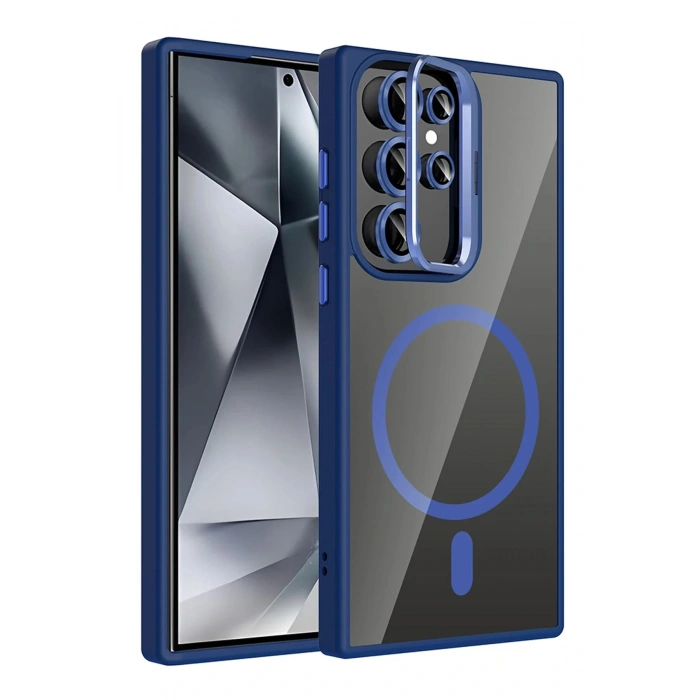 CPT05 Samsung Galaxy S24 Ultra Remim Lensli Magsafe Standlı Kapak - Lacivert