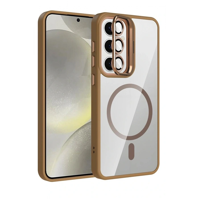 CPT05 Samsung Galaxy S25 Remim Lensli Magsafe Standlı Kapak - Kahverengi