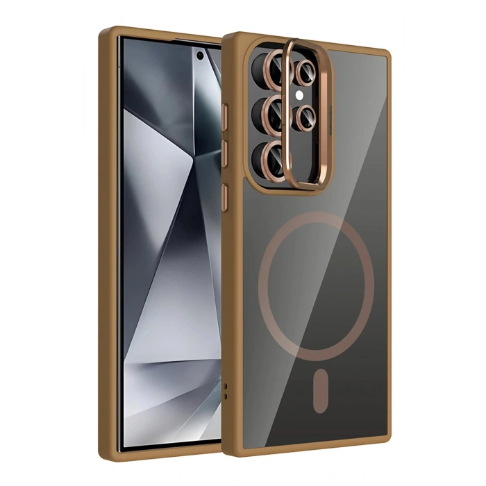 CPT05 Samsung Galaxy S25 Ultra Remim Lensli Magsafe Standlı Kapak - Kahverengi