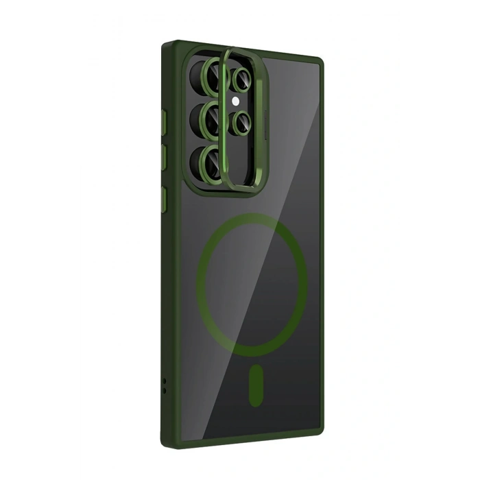 CPT05 Samsung Galaxy S25 Ultra Remim Lensli Magsafe Standlı Kapak - Koyu Yeşil