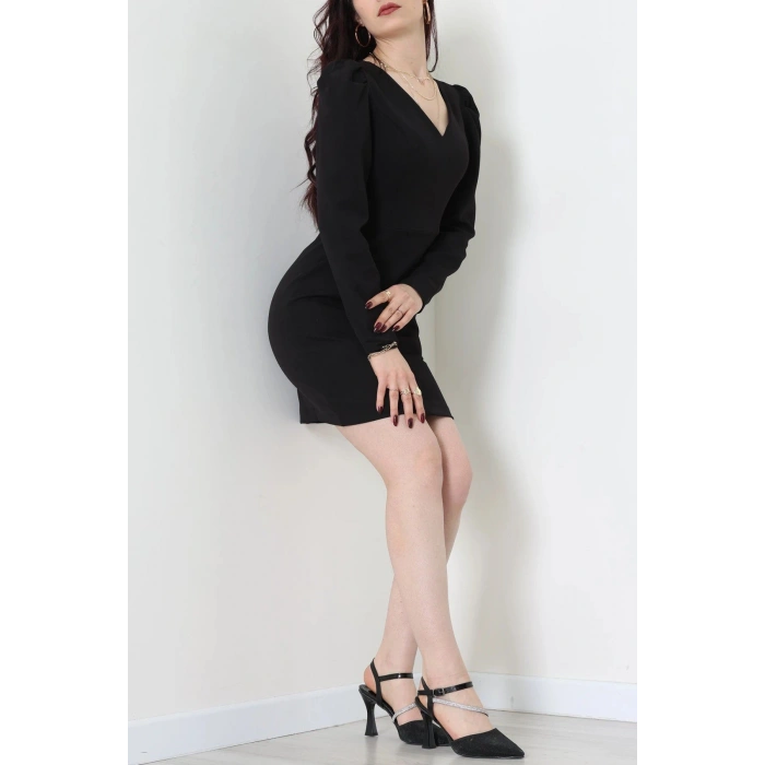 Crep Kumaş V Yaka Elbise Siyah - 70952.1247.