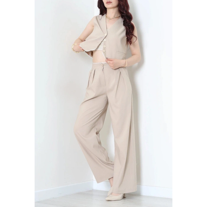 Crop Yelek Pantolon Takım Bej - 7565.1437.