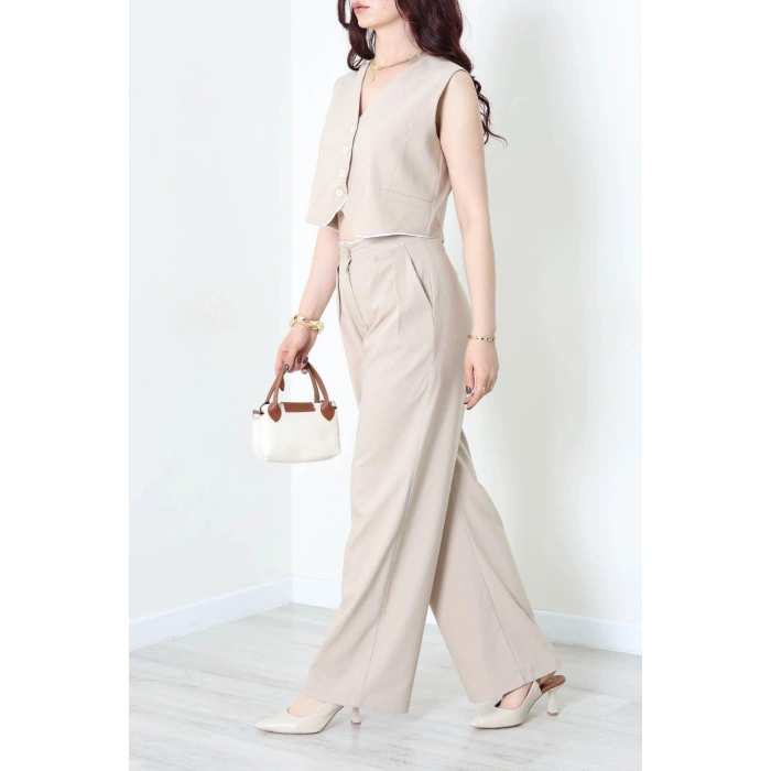 Crop Yelek Pantolon Takım Bej - 7565.1437.