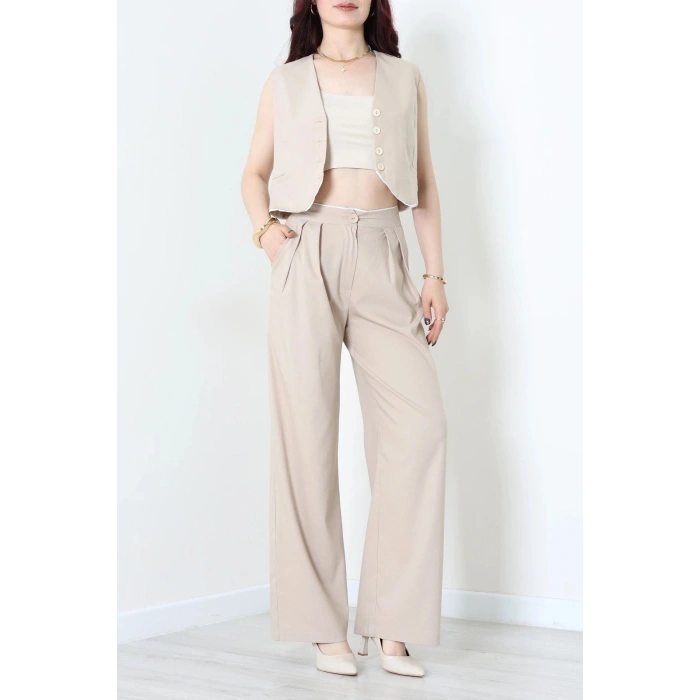 Crop Yelek Pantolon Takım Bej - 7565.1437.
