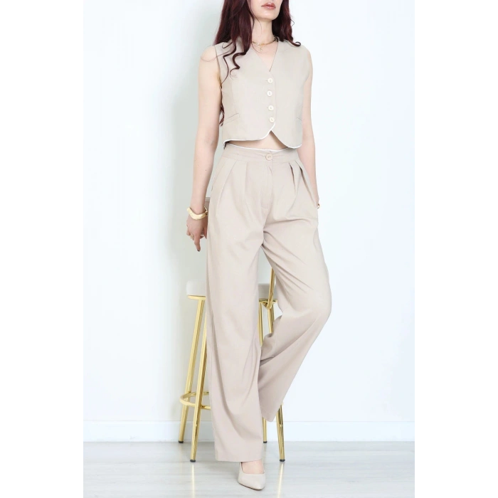 Crop Yelek Pantolon Takım Bej - 7565.1437.