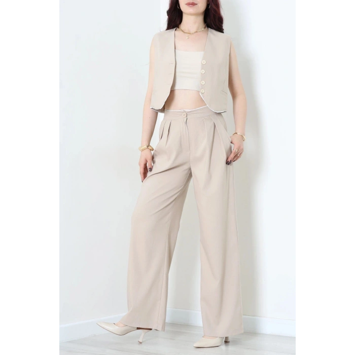 Crop Yelek Pantolon Takım Bej - 7565.1437.
