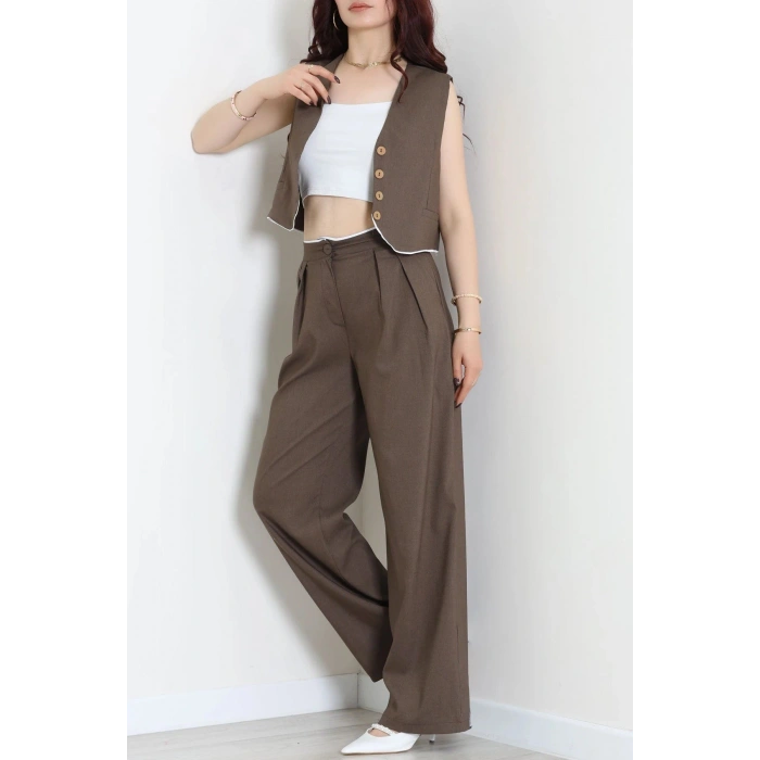 Crop Yelek Pantolon Takım Kahve - 7565.1437.