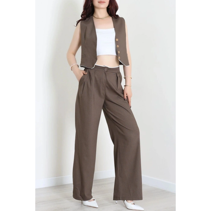 Crop Yelek Pantolon Takım Kahve - 7565.1437.
