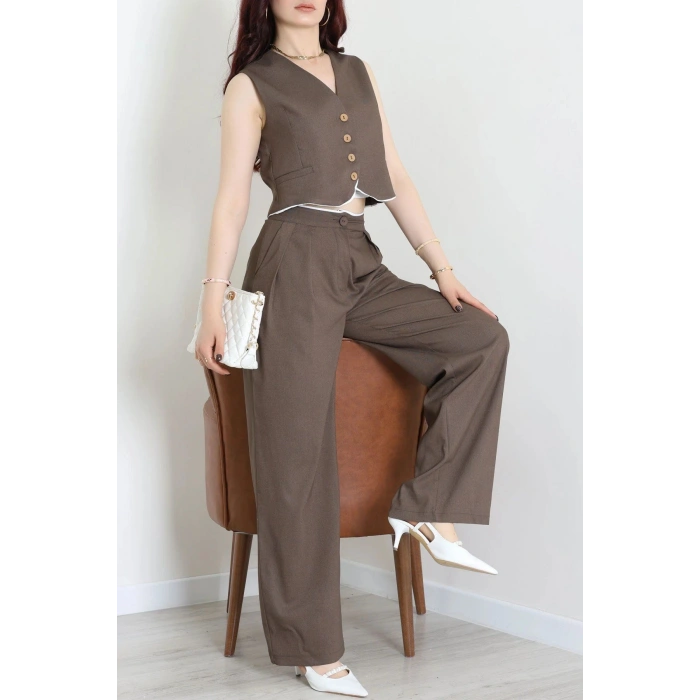 Crop Yelek Pantolon Takım Kahve - 7565.1437.