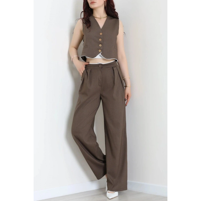 Crop Yelek Pantolon Takım Kahve - 7565.1437.