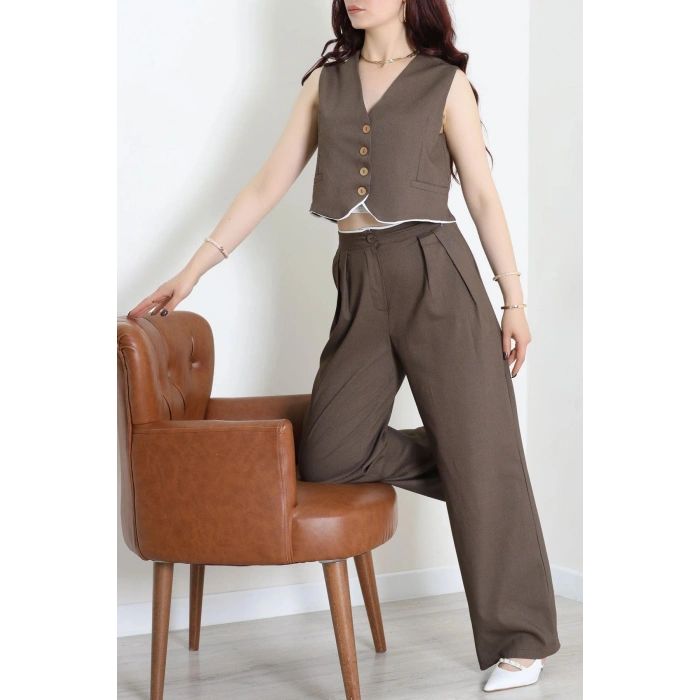 Crop Yelek Pantolon Takım Kahve - 7565.1437.