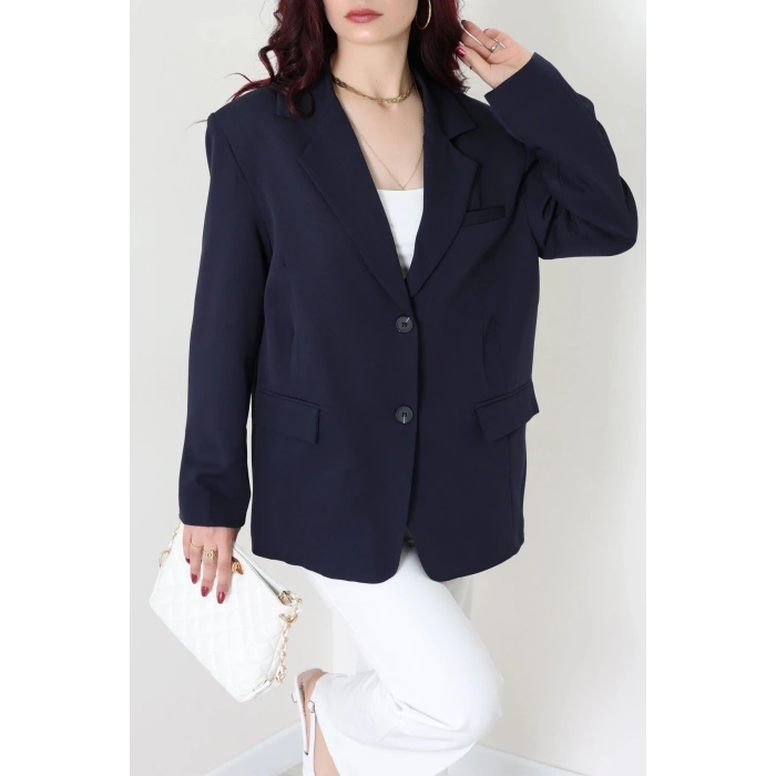 Dabıl Kumaş Astarlı Oversize Blazer Ceket Lacivert - 32493.1920.