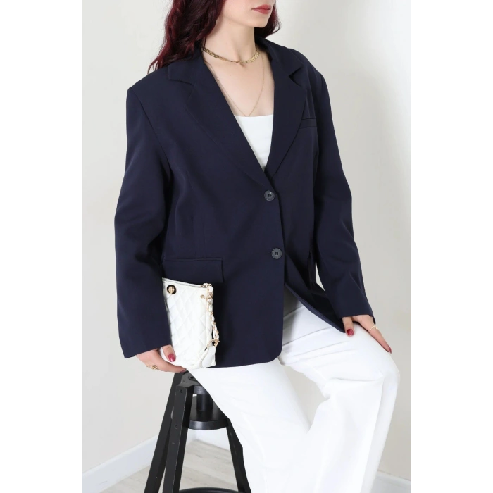 Dabıl Kumaş Astarlı Oversize Blazer Ceket Lacivert - 32493.1920.