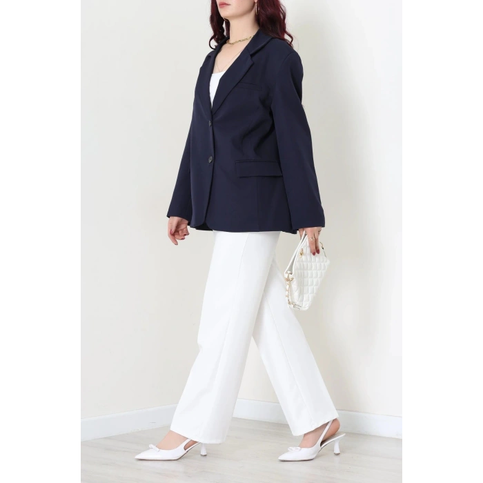 Dabıl Kumaş Astarlı Oversize Blazer Ceket Lacivert - 32493.1920.