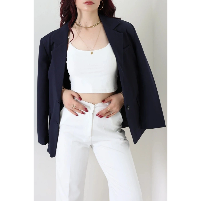 Dabıl Kumaş Astarlı Oversize Blazer Ceket Lacivert - 32493.1920.
