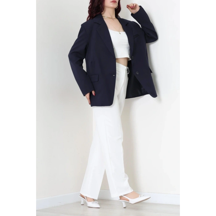 Dabıl Kumaş Astarlı Oversize Blazer Ceket Lacivert - 32493.1920.