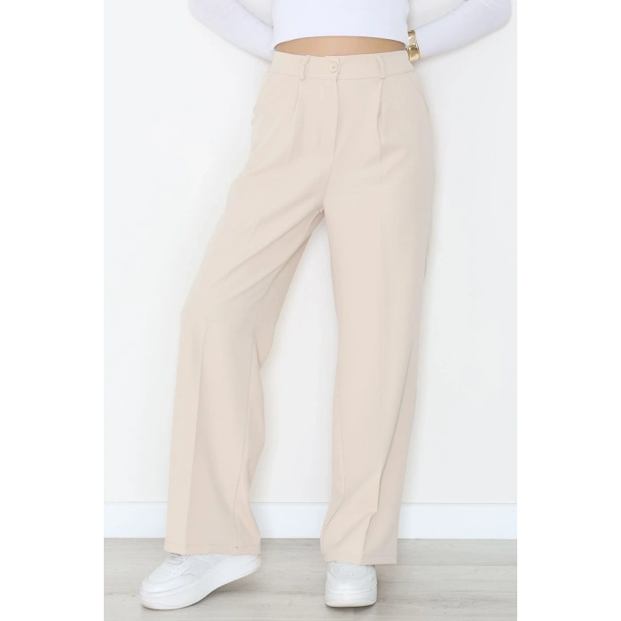 Dabıl Kumaş Bel Lastikli Palazzo Pantolon Bej - 2082.1991.