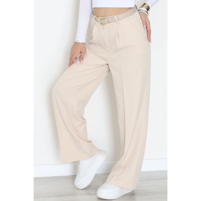 Dabıl Kumaş Bel Lastikli Palazzo Pantolon Bej - 2082.1991.