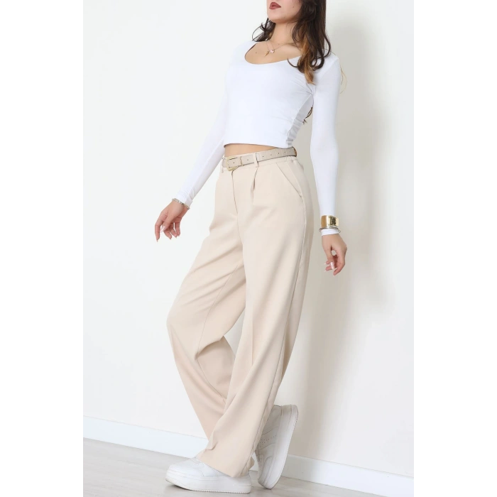 Dabıl Kumaş Bel Lastikli Palazzo Pantolon Bej - 2082.1991.