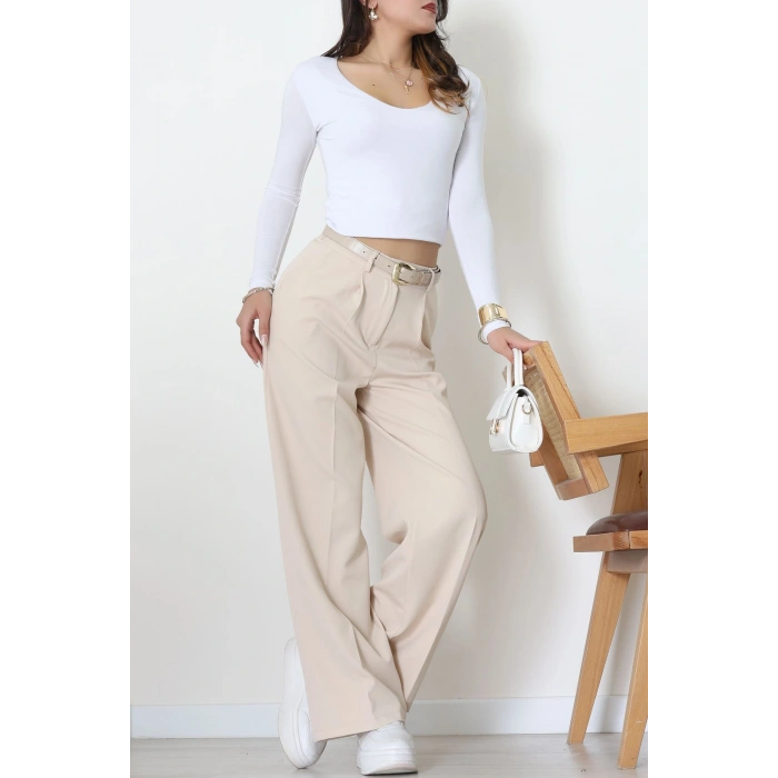 Dabıl Kumaş Bel Lastikli Palazzo Pantolon Bej - 2082.1991.