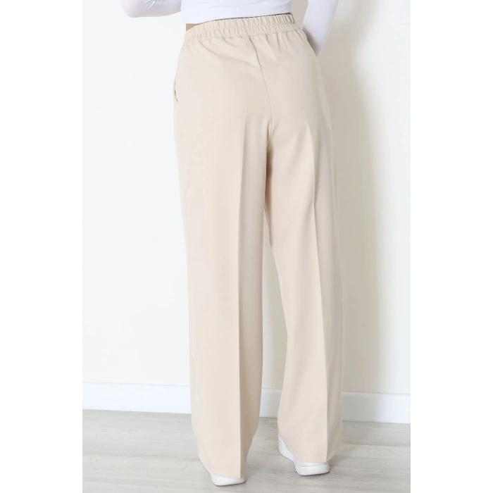 Dabıl Kumaş Bel Lastikli Palazzo Pantolon Bej - 2082.1991.