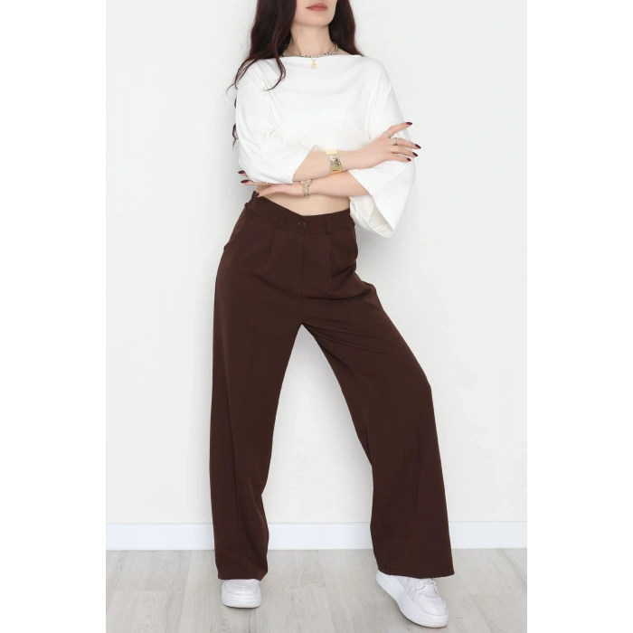 Dabıl Kumaş Bel Lastikli Palazzo Pantolon Kahve - 2082.1991.