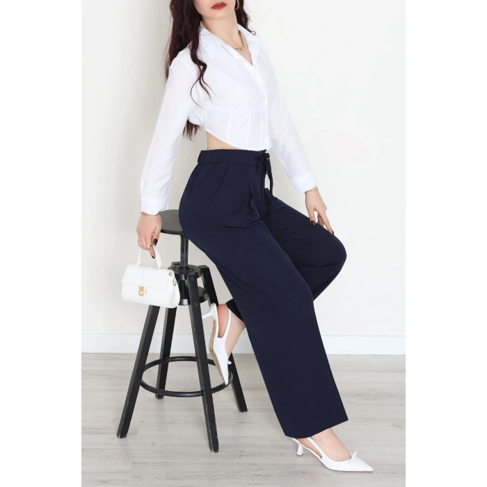 Dabıl Kumaş Beli Bağcıklı Pantolon Lacivert - 51615.683.