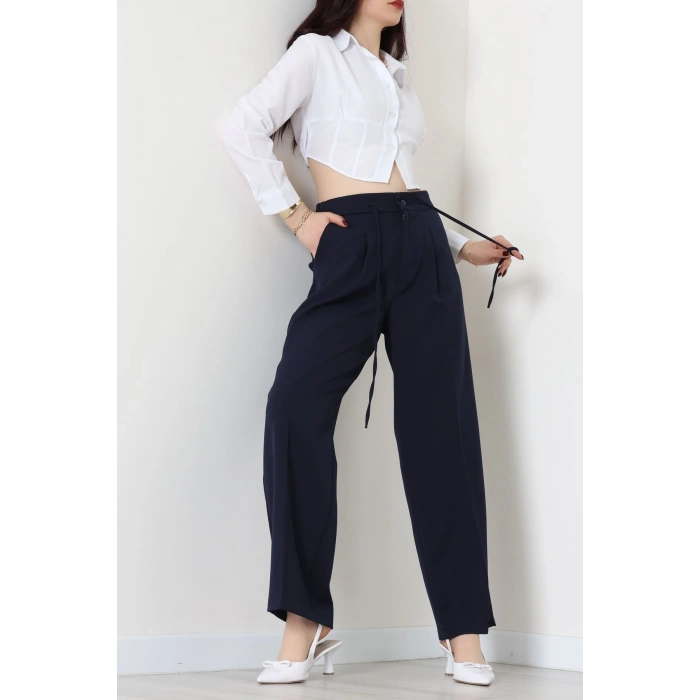 Dabıl Kumaş Beli Bağcıklı Pantolon Lacivert - 51615.683.