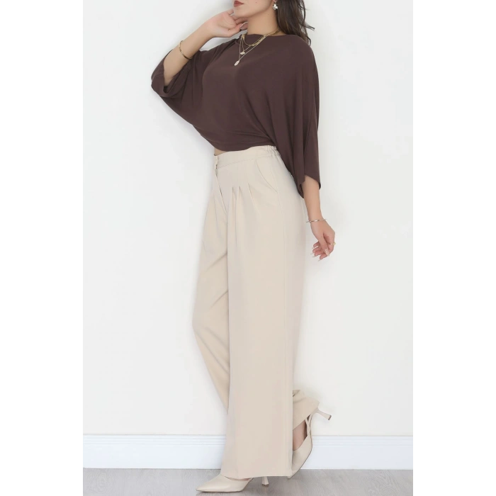 Dabıl Kumaş Beli Lastikli Palazzo Pantolon Bej - 51063.1991.