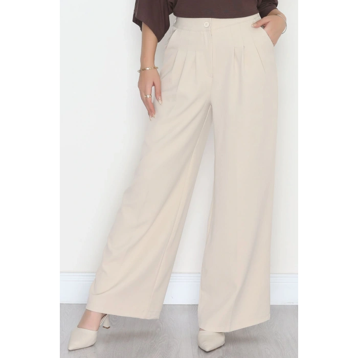Dabıl Kumaş Beli Lastikli Palazzo Pantolon Bej - 51063.1991.