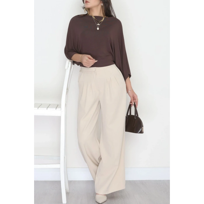 Dabıl Kumaş Beli Lastikli Palazzo Pantolon Bej - 51063.1991.