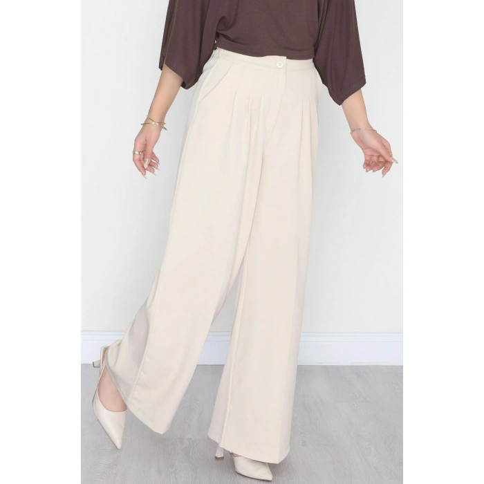 Dabıl Kumaş Beli Lastikli Palazzo Pantolon Bej - 51063.1991.