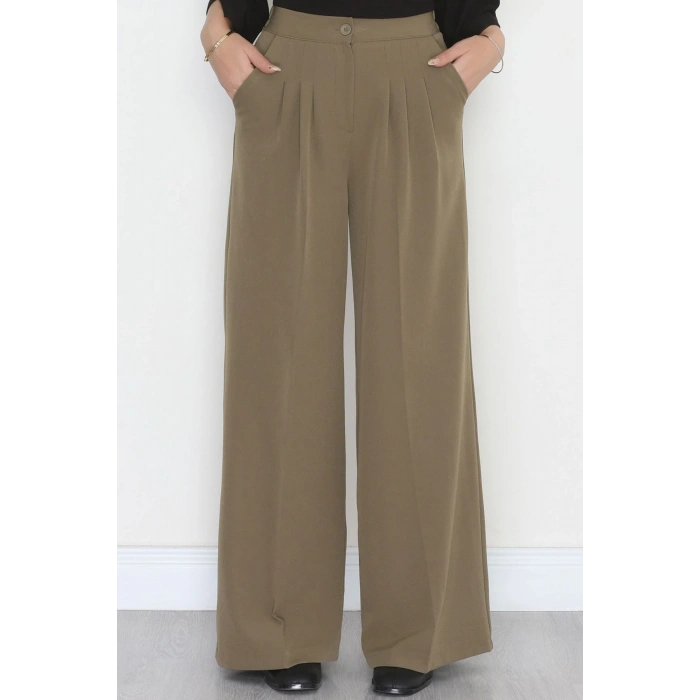 Dabıl Kumaş Beli Lastikli Palazzo Pantolon Haki - 51063.1991.