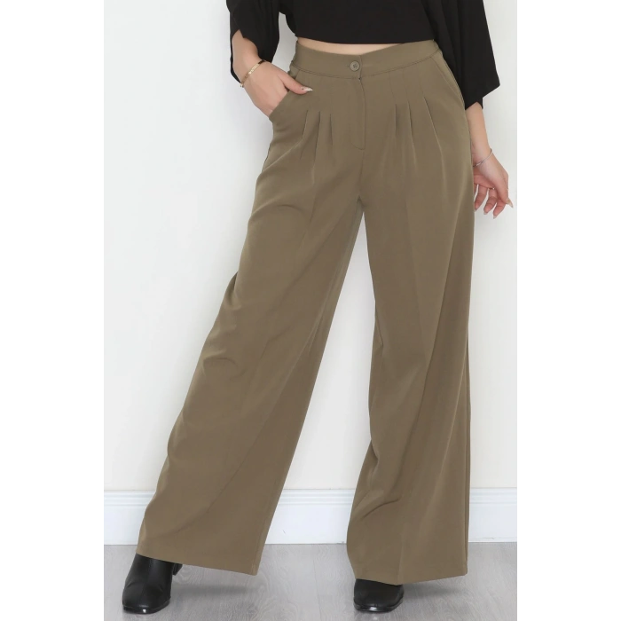 Dabıl Kumaş Beli Lastikli Palazzo Pantolon Haki - 51063.1991.